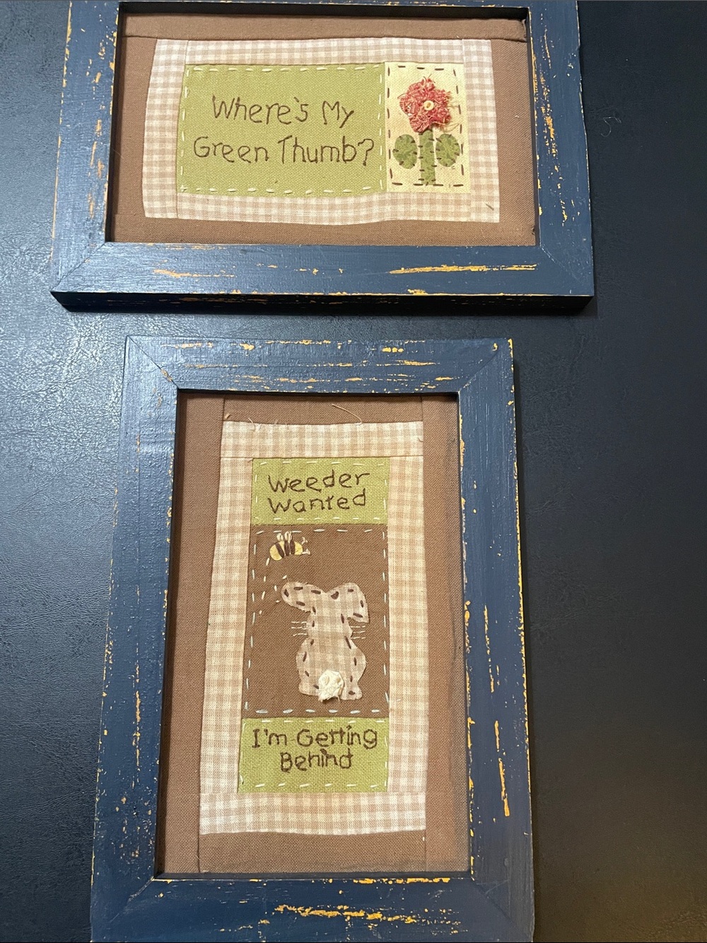 Rustic Blue Framed Garden Wall Art Green, Brown Accents Shabby Chic Sz. 7 x 10